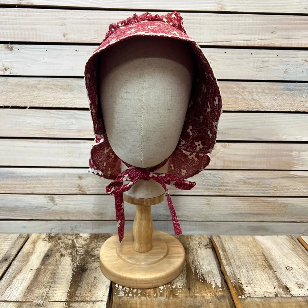 Vintage Prairie Sun Bonnet Red Floral Calico Cotton Pioneer Cottagecore Hat
